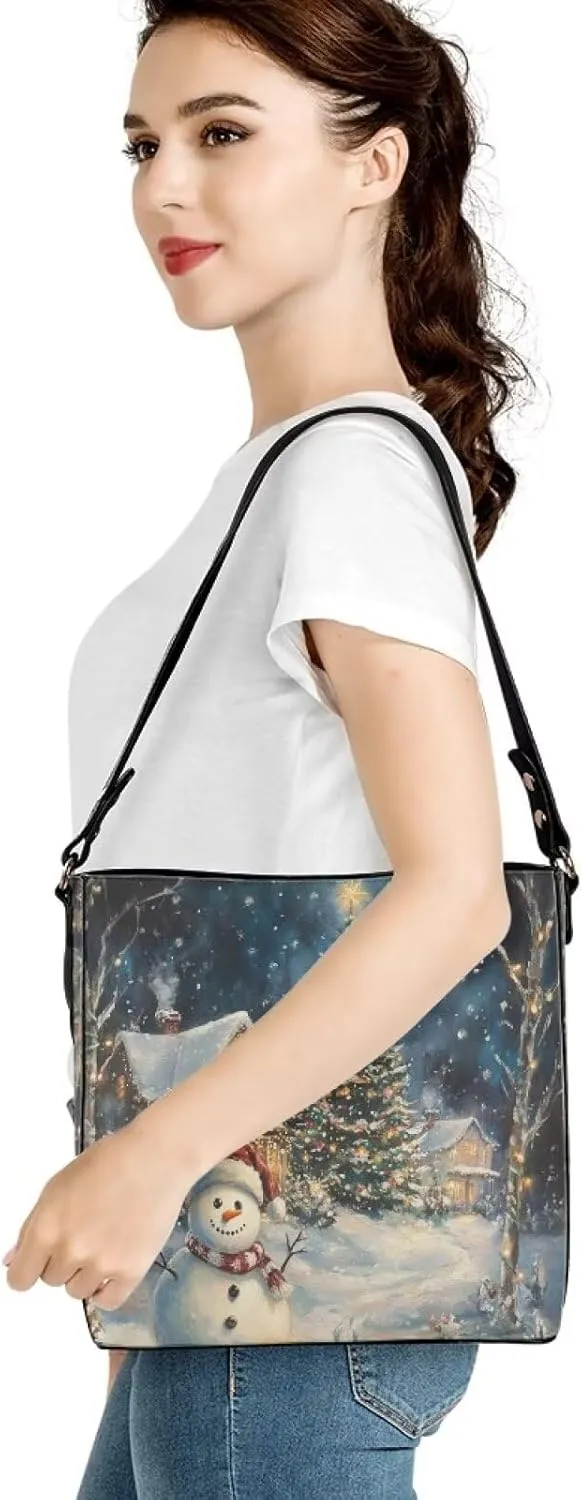 Christmas Bucket Handbag for Womens Leather Shoulder Purse with Zipper Pocket and Adjustable Strap