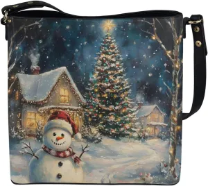 Christmas Bucket Handbag for Womens Leather Shoulder Purse with Zipper Pocket and Adjustable Strap