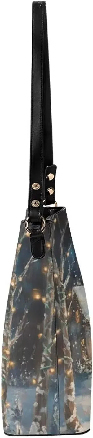 Christmas Bucket Handbag for Womens Leather Shoulder Purse with Zipper Pocket and Adjustable Strap