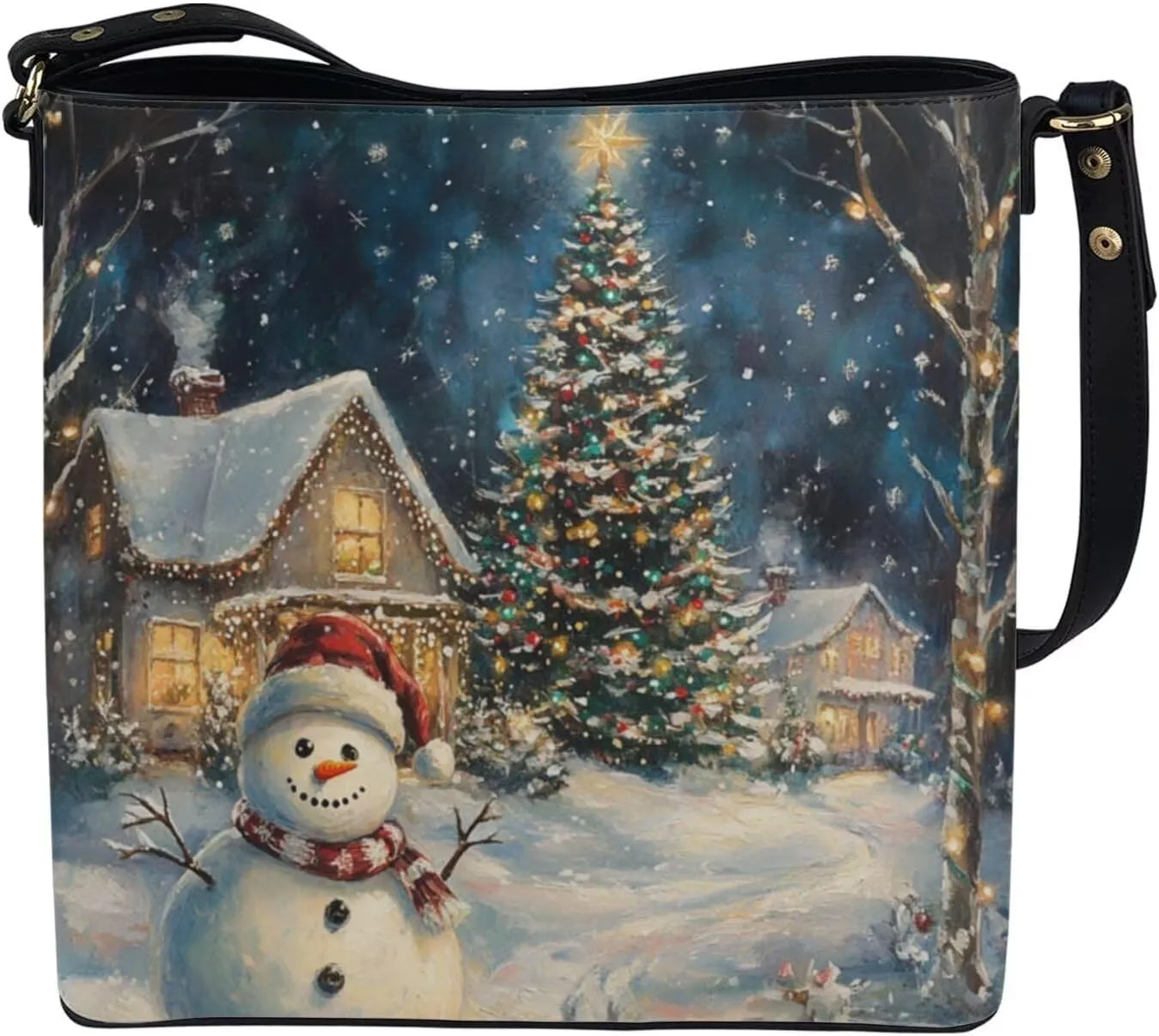 Christmas Bucket Handbag for Womens Leather Shoulder Purse with Zipper Pocket and Adjustable Strap