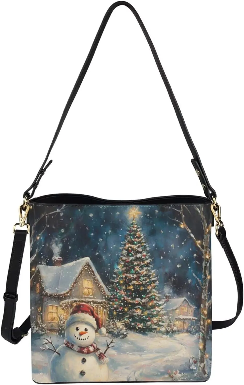 Christmas Bucket Handbag for Womens Leather Shoulder Purse with Zipper Pocket and Adjustable Strap