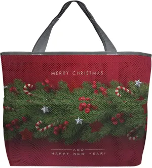 Christmas Pine Branches Crutch Pond Beach Tote Bag for Women, Red Backdrop Mesh Beach Bags Waterproof Sandproof, Outdoor Picnic Swim Pool Handbag - Large Beach Bag with Zipper and Pockets