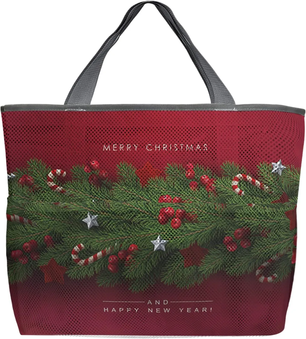 Christmas Pine Branches Crutch Pond Beach Tote Bag for Women, Red Backdrop Mesh Beach Bags Waterproof Sandproof, Outdoor Picnic Swim Pool Handbag - Large Beach Bag with Zipper and Pockets