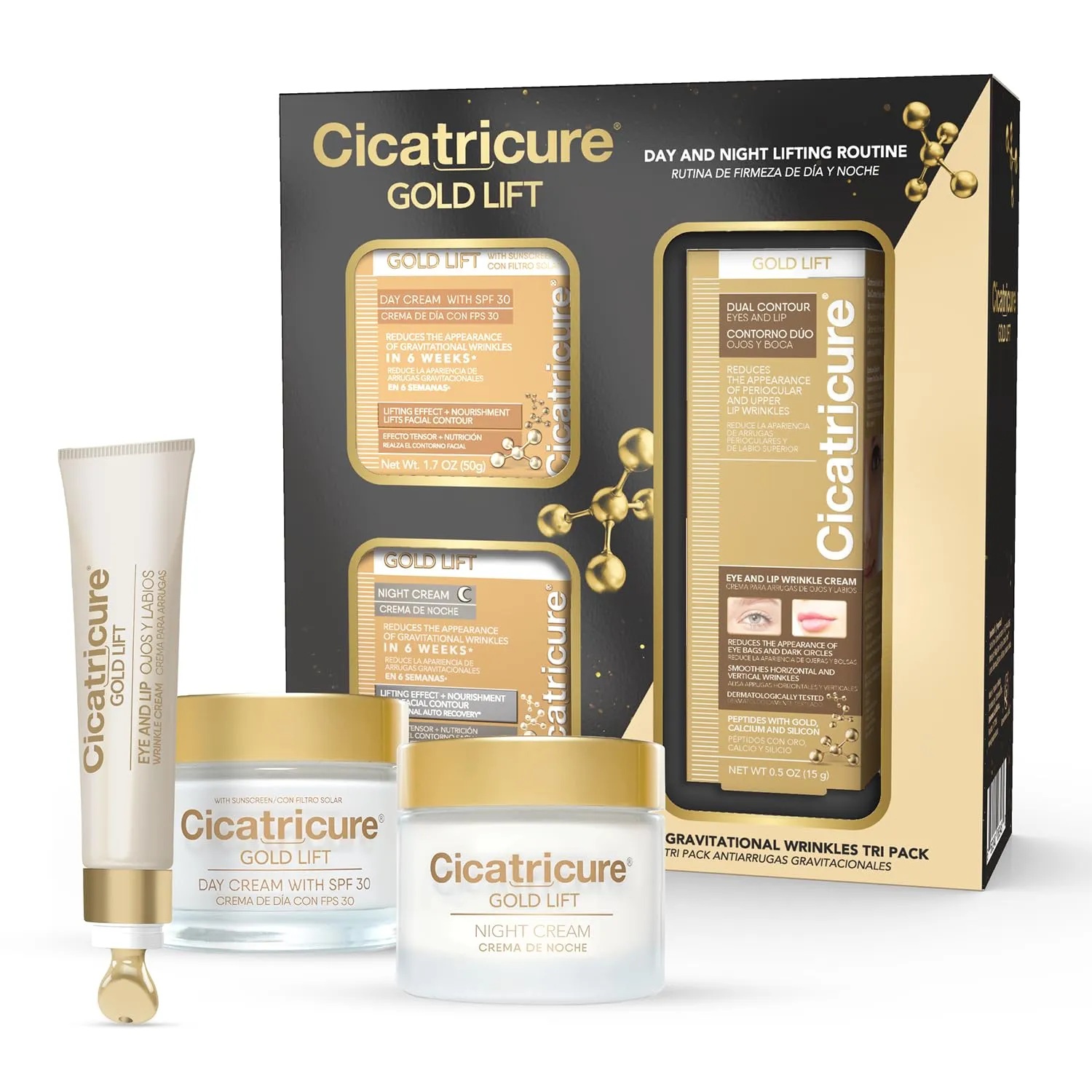 CICATRICURE Gold Lift Anti Gravitational Wrinkles Skin Care Gift Set with Day Anti-Wrinkle Cream   SPF 30 , Night Anti-Wrinkle Cream & Dual Contour Eye and Lip Wrinkle Cream, 3 Piece Set