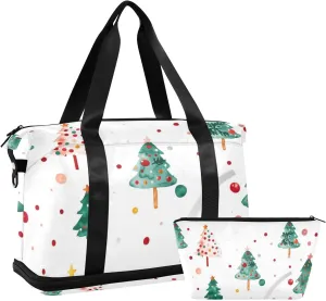 Circles with Christmas Elements on White Background Oversized Travel Duffel Bag Shoulder Weekender Overnight Bag with Toiletry Bag for Sports Large Capacity