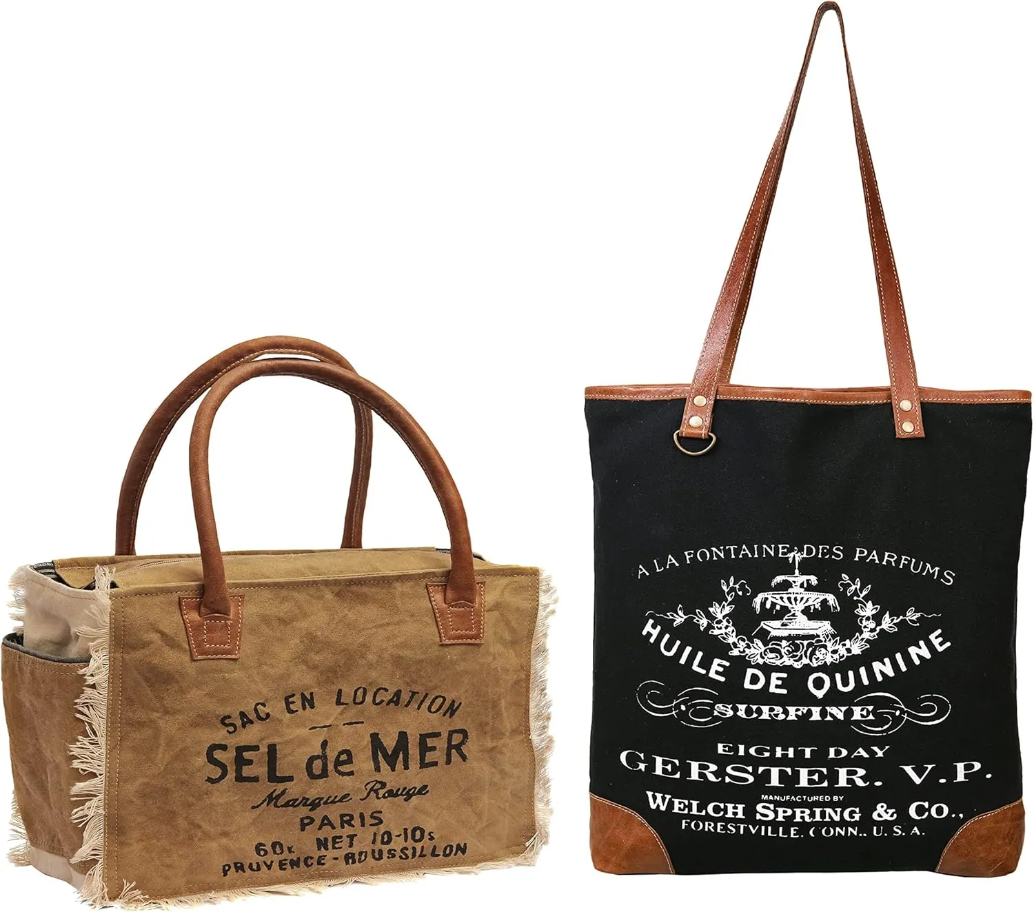 CLA Bags Sel De Mer Upcycled Khaki Canvas Hand Bag With CLA Eight Day (HUILE DE QUININE) Upcycled Canvas Bag, Leather Handbag, Tote Bag, Handbag for womens