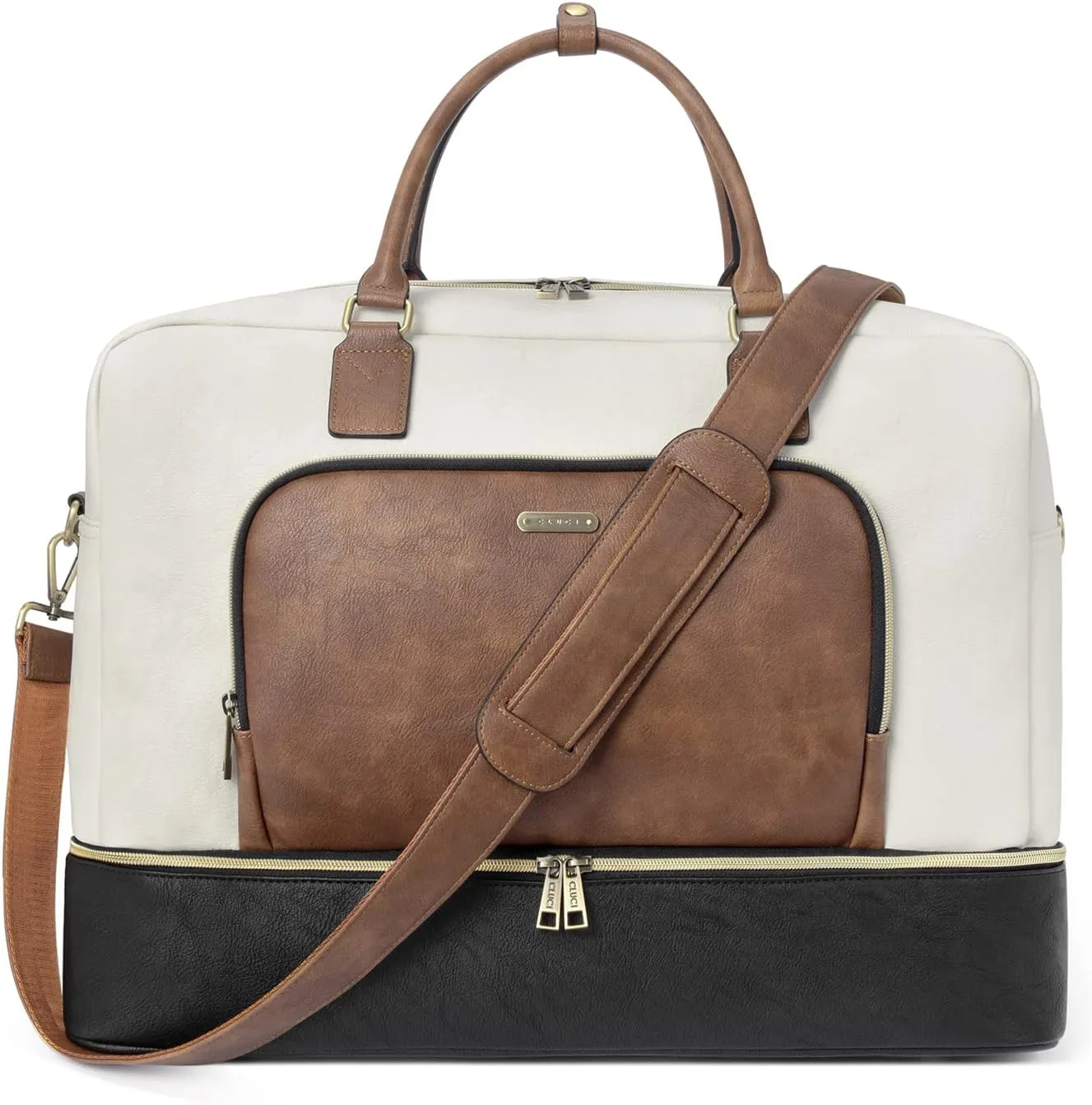 CLUCI Travel Duffel Bag for Women Leather Oversized Weekender Overnight Bags with Shoe Compartment Beige with Brown and Black