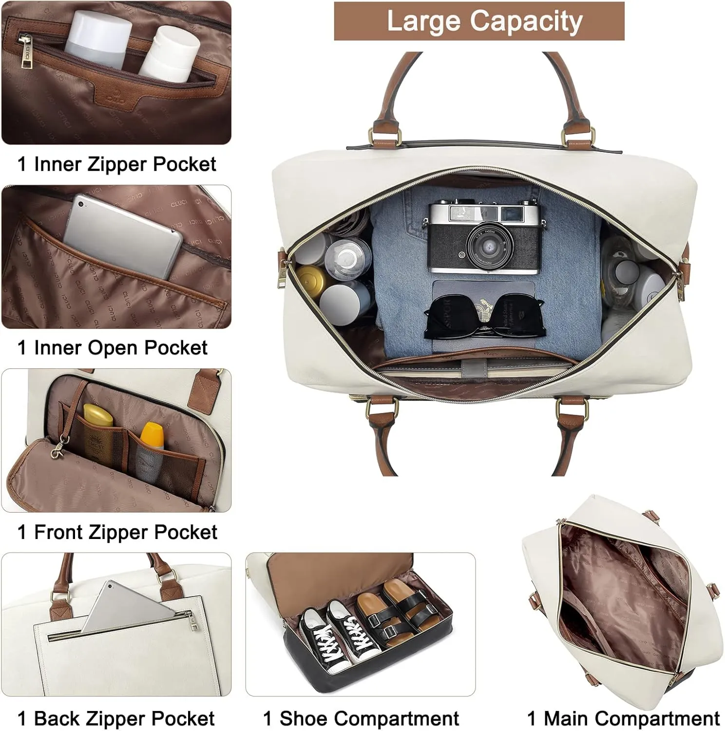 CLUCI Travel Duffel Bag for Women Leather Oversized Weekender Overnight Bags with Shoe Compartment Beige with Brown and Black
