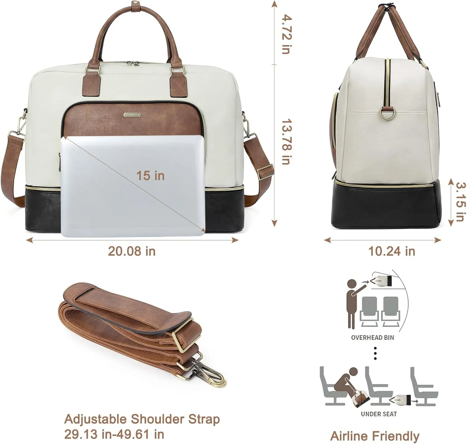 CLUCI Travel Duffel Bag for Women Leather Oversized Weekender Overnight Bags with Shoe Compartment Beige with Brown and Black
