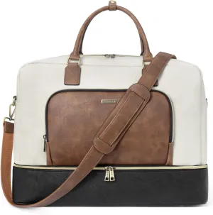 CLUCI Travel Duffel Bag for Women Leather Oversized Weekender Overnight Bags with Shoe Compartment Beige with Brown and Black