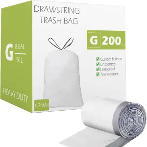 Code G (200 Count) 8 Gallon Heavy Duty Drawstring Trash Bags Compatible with simplehuman Code G Garbage Can Liners 8 Gallon/30 Liter | 1.2 Mil | White