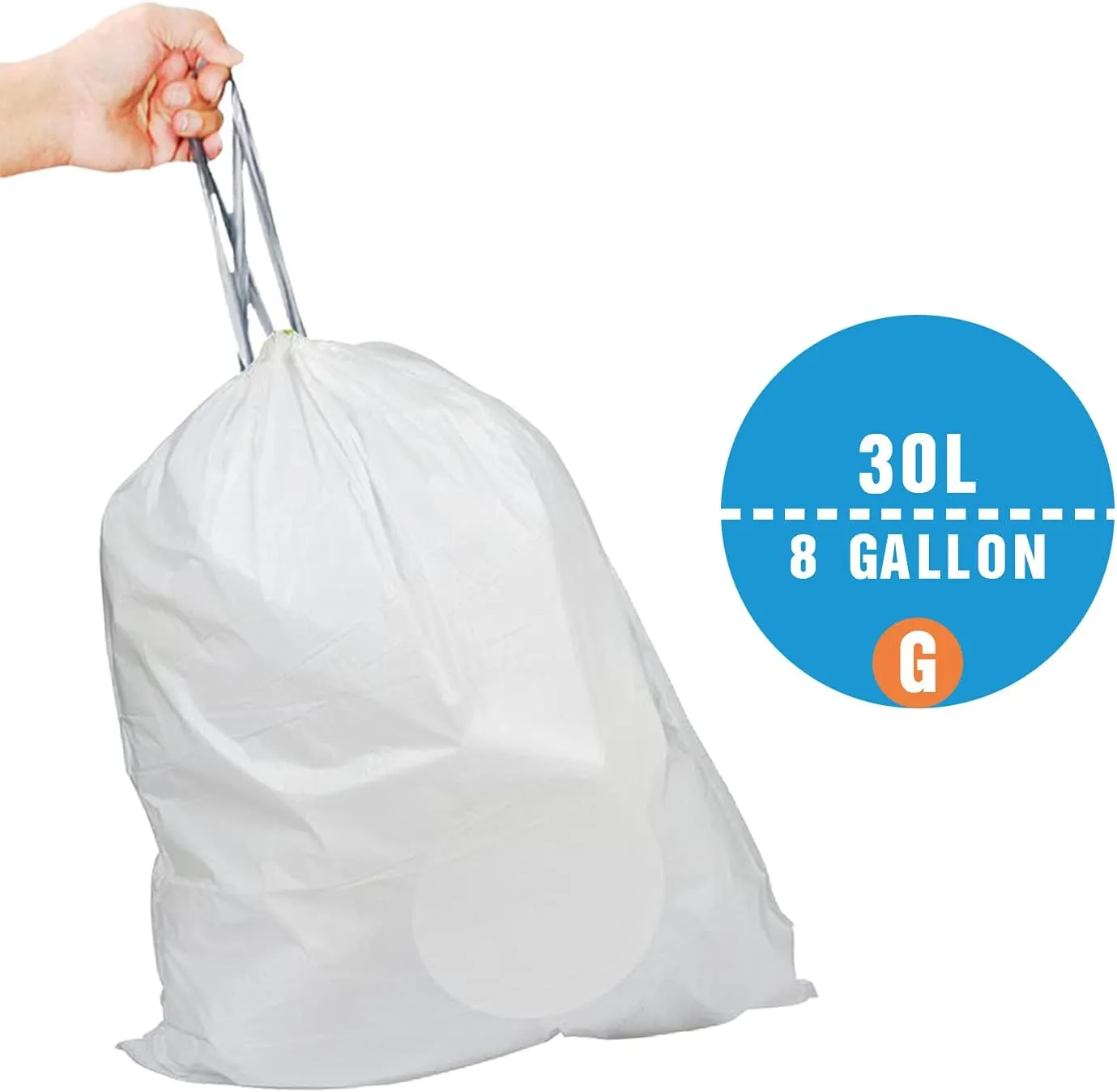 Code G (200 Count) 8 Gallon/30 Liter Heavy Duty Drawstring Plastic Trash Bags | 1.2 Mil Reliable1st Compatible with simpleman Code G | White Drawstring Garbage Liners 8 Gallon | 30 Liter