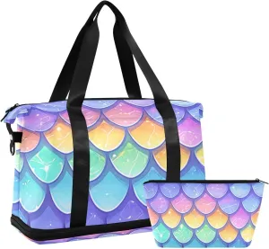 Color Dream Fish Scales Oversized Travel Duffel Bag Overnight Carry On Tote and Luggage with Adjustable Strap for Yoga Large Capacity
