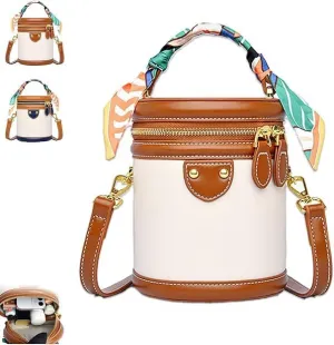 Colorblock Bucket Bag for Women,Leather Bucket Handbag,Ribbon Handle,Fashion Versatile Crossbody Bag