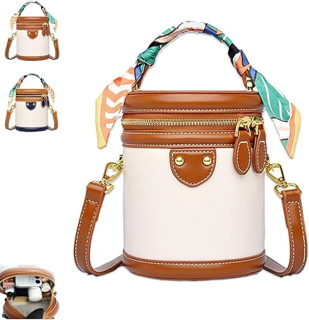 Colorblock Bucket Bag for Women,Leather Bucket Handbag,Ribbon Handle,Fashion Versatile Crossbody Bag