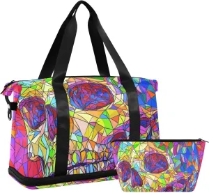 Colorful Mysterious Broken Skeletons Oversized Travel Duffel Bag Travel Overnight Carry on Bag with Adjustable Strap for Yoga Large Capacity