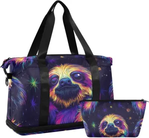 Colorful Neon Sloth Oversized Travel Duffel Bag Large Carry On Airport Bag with Toiletry Bag for Trip 2 Pcs Set