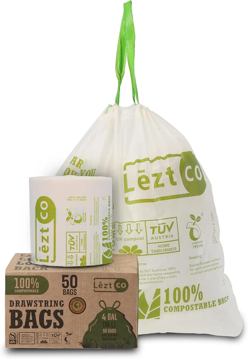 Compostable Garbage Bags | 8 Gallons, 50 Count, 28" x 21.6" | Waste Disposal bags for Kitchen | Plant-Based with Drawstring Bags | Indoor & Outdoor | Food Scrap Wastege