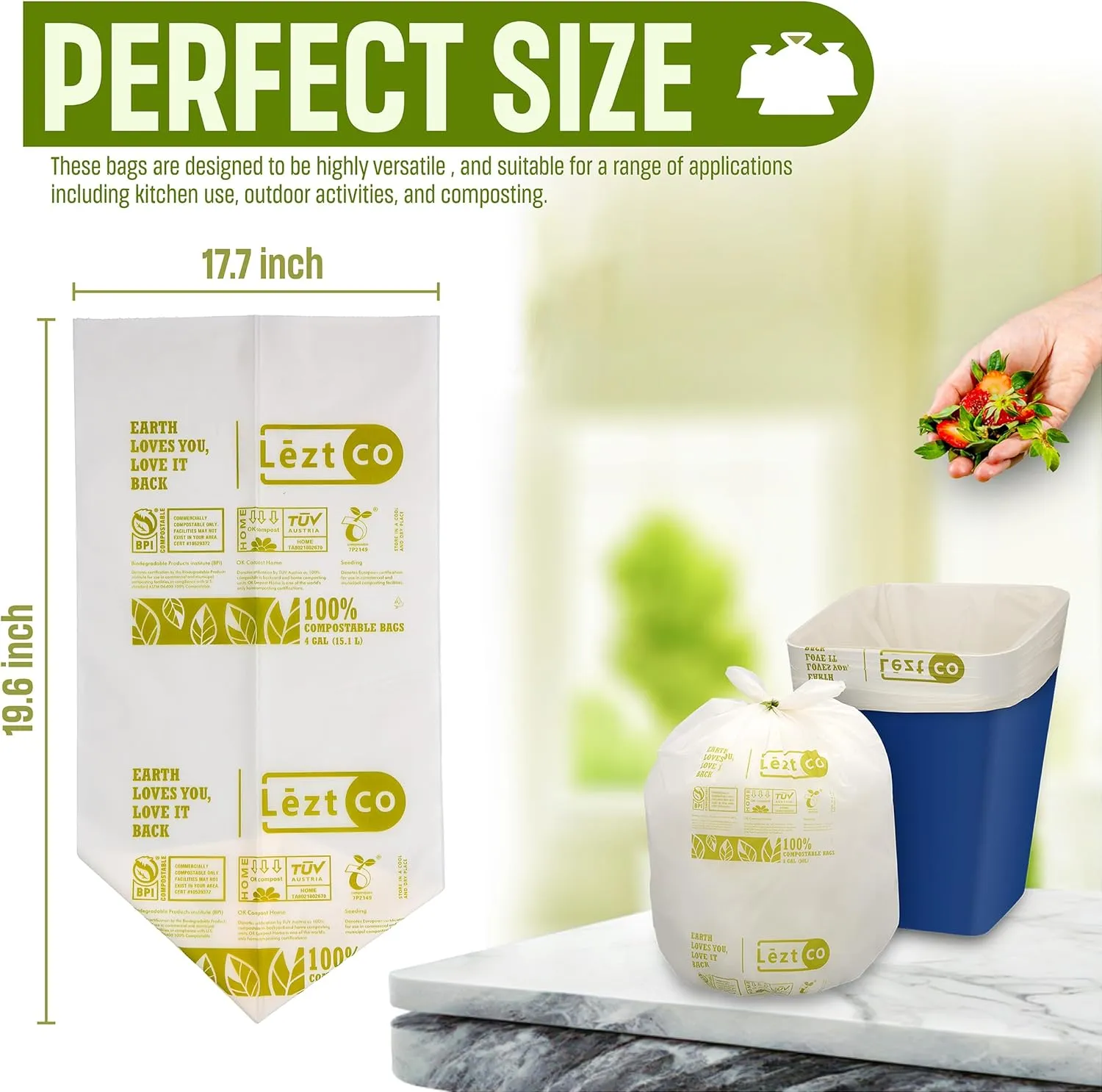 Compostable Garbage Bags | 8 Gallons, 50 Count, 28" x 21.6" | Waste Disposal bags for Kitchen | Plant-Based with Drawstring Bags | Indoor & Outdoor | Food Scrap Wastege
