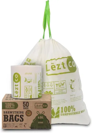Compostable Garbage Bags | 8 Gallons, 50 Count, 28" x 21.6" | Waste Disposal bags for Kitchen | Plant-Based with Drawstring Bags | Indoor & Outdoor | Food Scrap Wastege