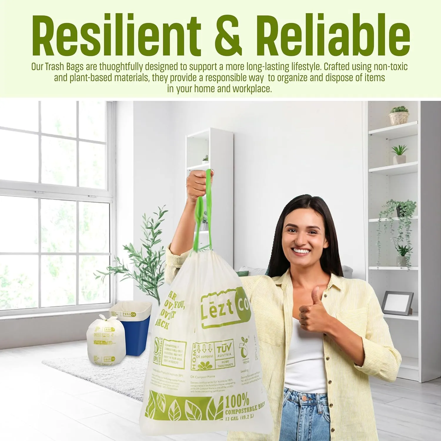 Compostable Garbage Bags | 8 Gallons, 50 Count, 28" x 21.6" | Waste Disposal bags for Kitchen | Plant-Based with Drawstring Bags | Indoor & Outdoor | Food Scrap Wastege