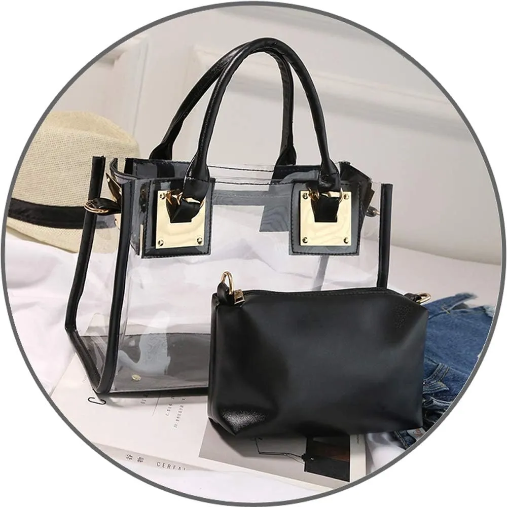 Cooba 2Pcs Handbags Purse for Women Clear Bag PVC Leather Satchel Crossbody Bag Transparent Jelly Bag Beach Shoulder Bag