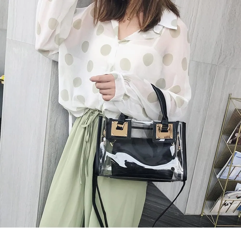Cooba 2Pcs Handbags Purse for Women Clear Bag PVC Leather Satchel Crossbody Bag Transparent Jelly Bag Beach Shoulder Bag