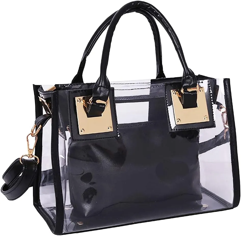 Cooba 2Pcs Handbags Purse for Women Clear Bag PVC Leather Satchel Crossbody Bag Transparent Jelly Bag Beach Shoulder Bag