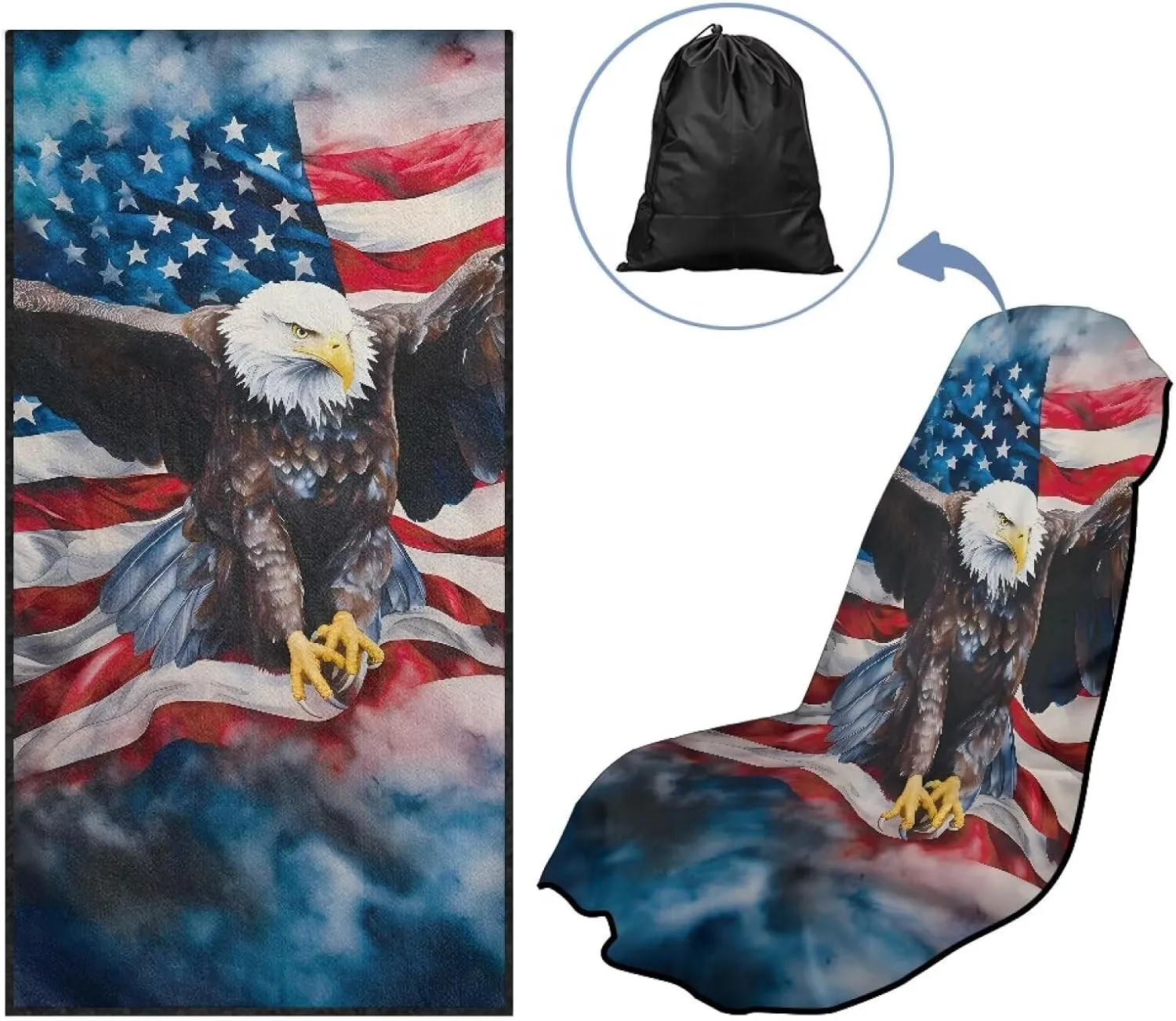 Cool Eagle Flag Car Seat Towel Cover for Post Gym Workout, Running, Swimming, and Hiking, Universal Fit Anti-Slip Sweatproof Bucket Seat Protector for Cars, SUVs, Trucks