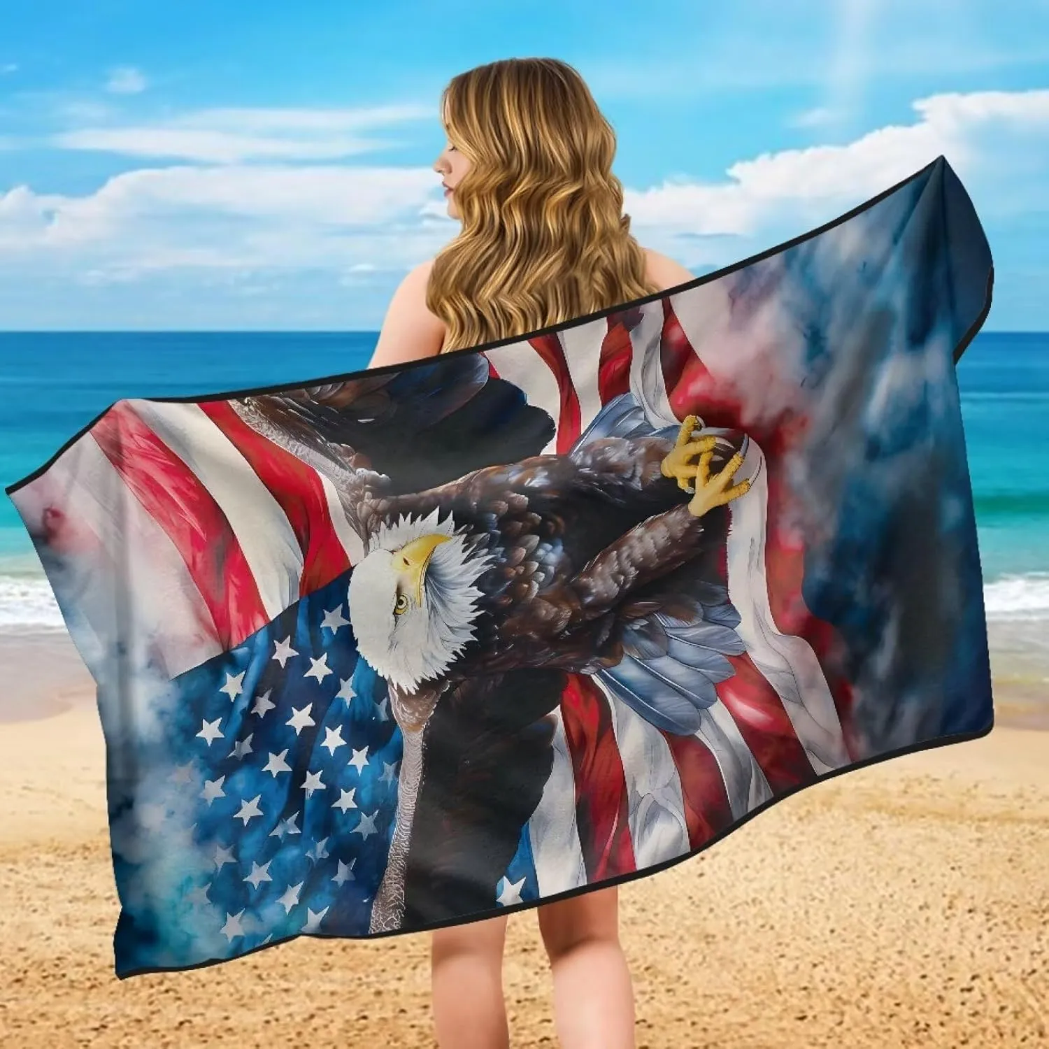 Cool Eagle Flag Car Seat Towel Cover for Post Gym Workout, Running, Swimming, and Hiking, Universal Fit Anti-Slip Sweatproof Bucket Seat Protector for Cars, SUVs, Trucks