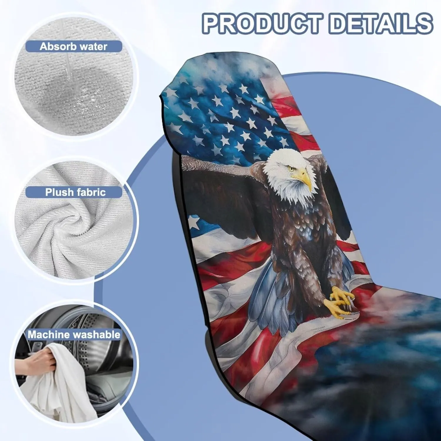 Cool Eagle Flag Car Seat Towel Cover for Post Gym Workout, Running, Swimming, and Hiking, Universal Fit Anti-Slip Sweatproof Bucket Seat Protector for Cars, SUVs, Trucks