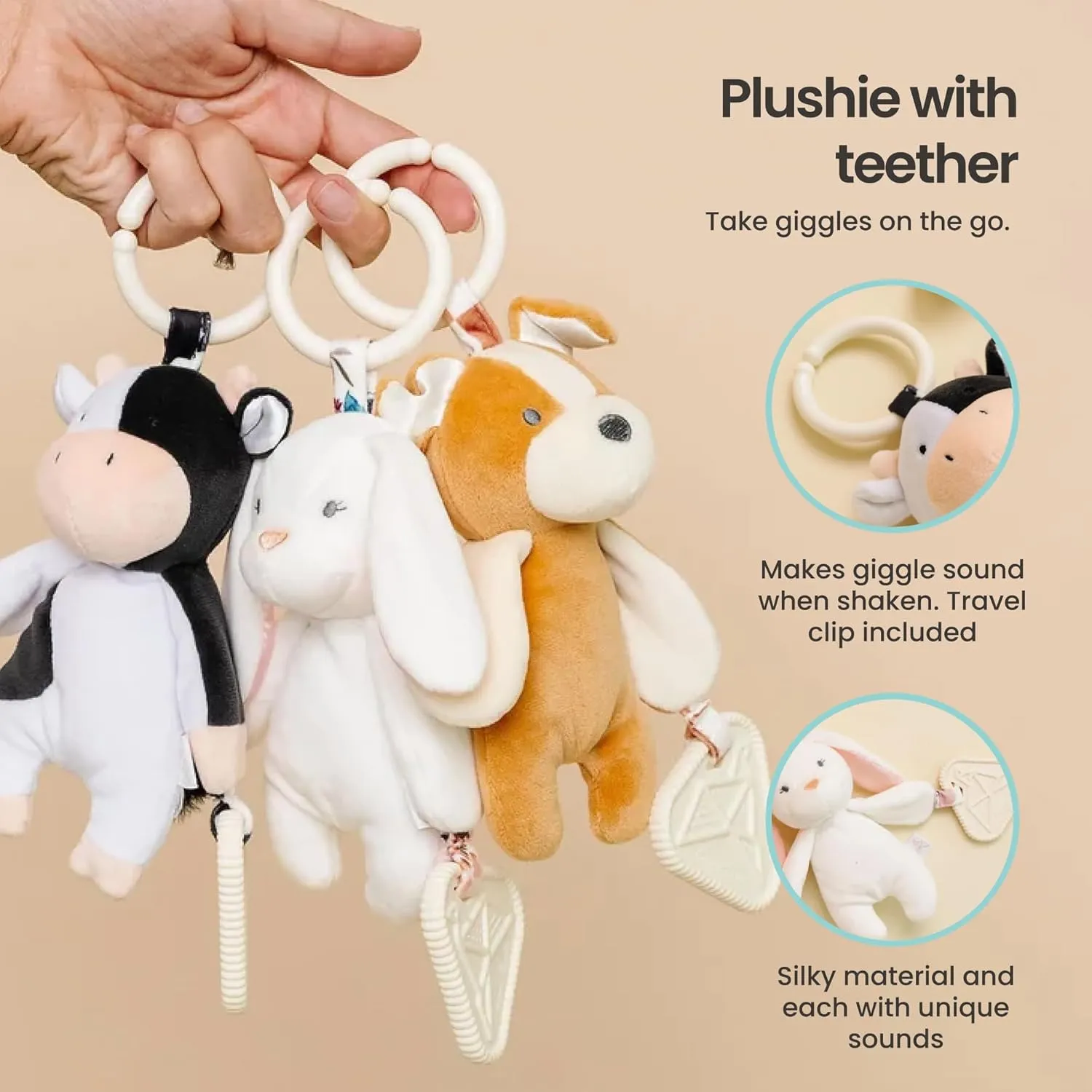 Copper Pearl On-The-Go Plush: Clip On Baby Toys for Travel, Soft Stuffed Bunny Plush with Teether for Sensory Development - Bella Bunny