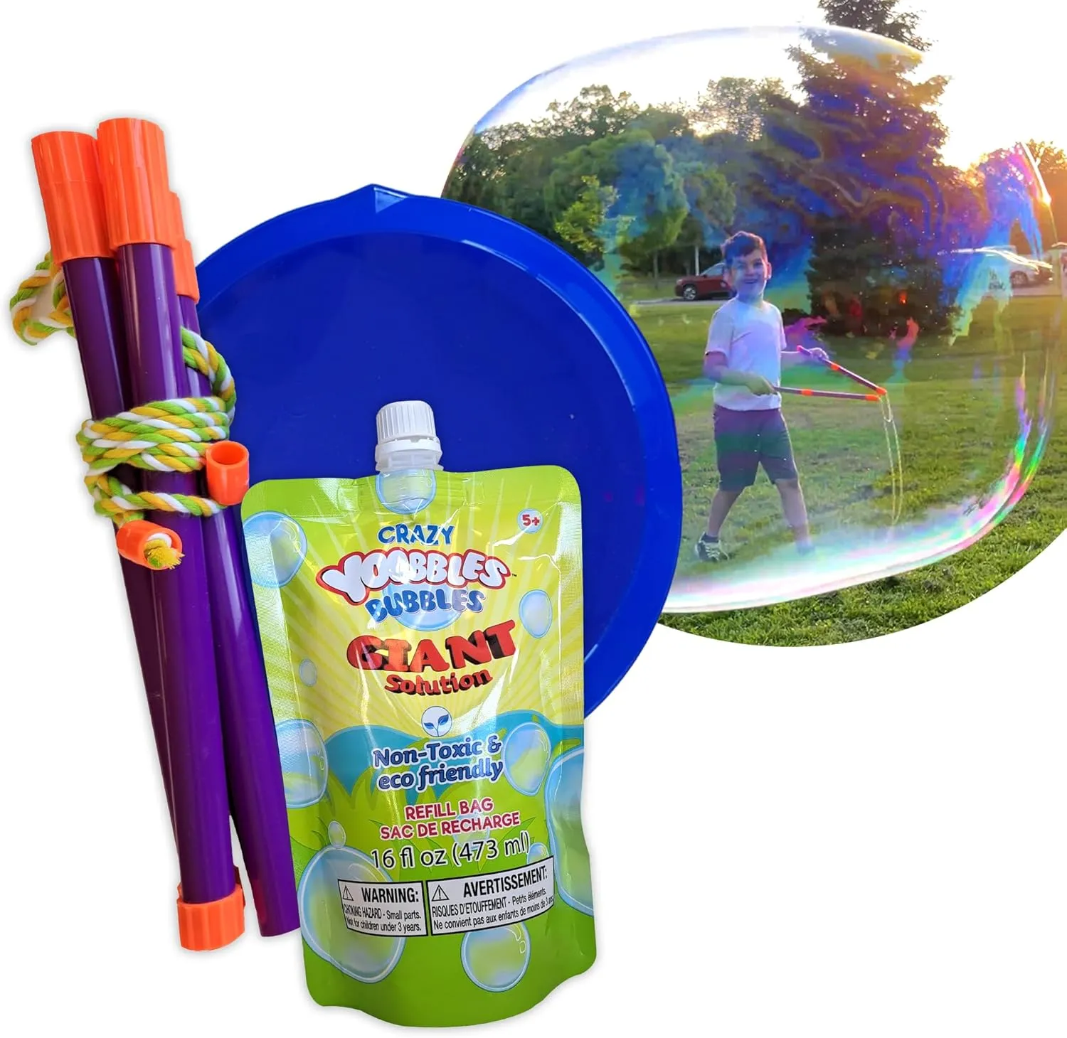 Crazy Yoobbles Giant Bubble Wands –Makes Giant Bubbles! Outdoor Toys for Kids, Fun Cool Stuff! Toys for Kids 5 6 7 8 9 10 11. Includes 16oz Bottle Premium Bubble Solution, Bubble Wand and Tray.