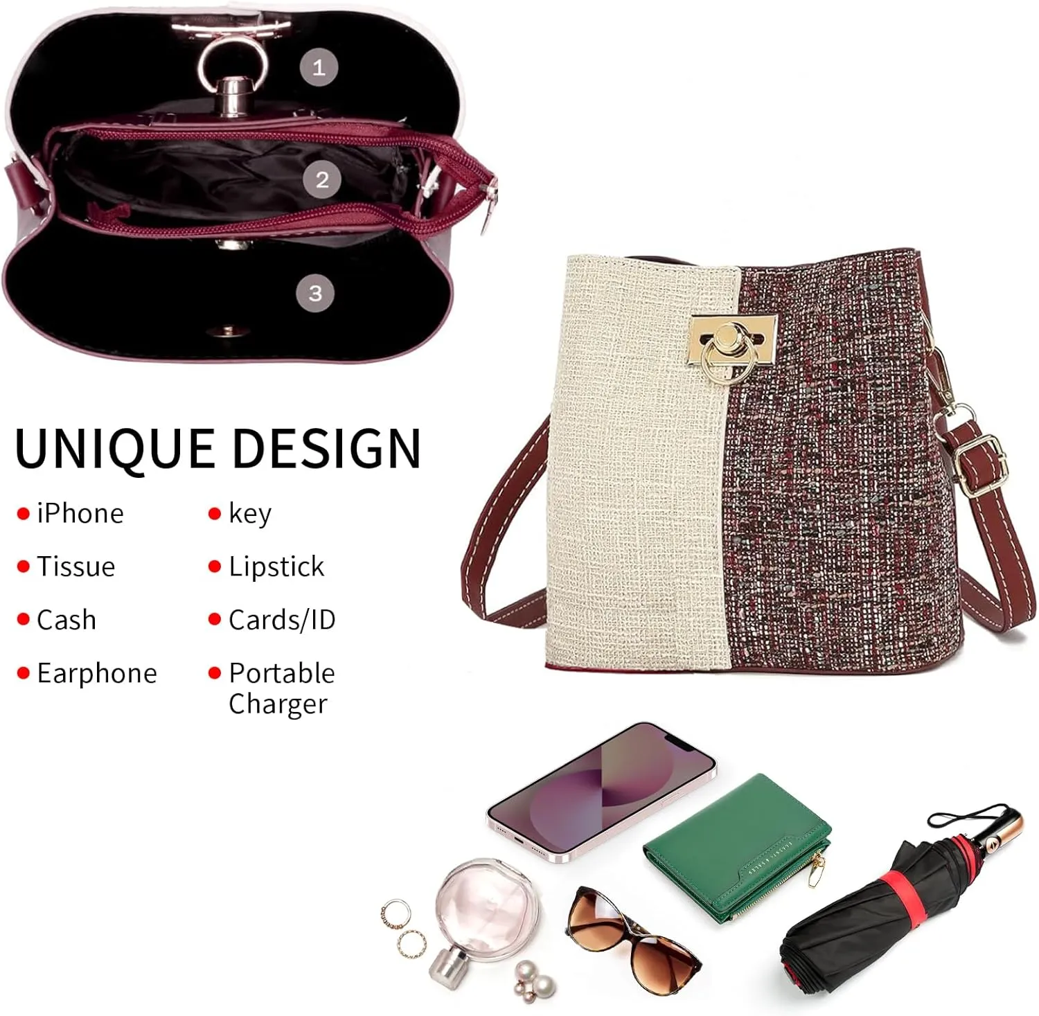 Cross Body Purse for Woman Trendy,Crossbody Bucket Bags-PU Leather with Adjustable Shoulder Strap, Multiple Pockets
