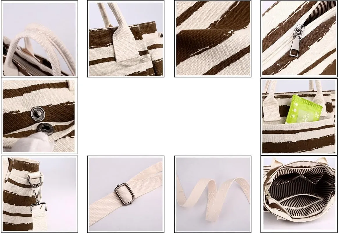 Crossbody Bag for Women Striped Top-Handle Canvas Bag Vintage Shoulder Handbag Travel Commuter Work Hobo Tote Handbags Coffee