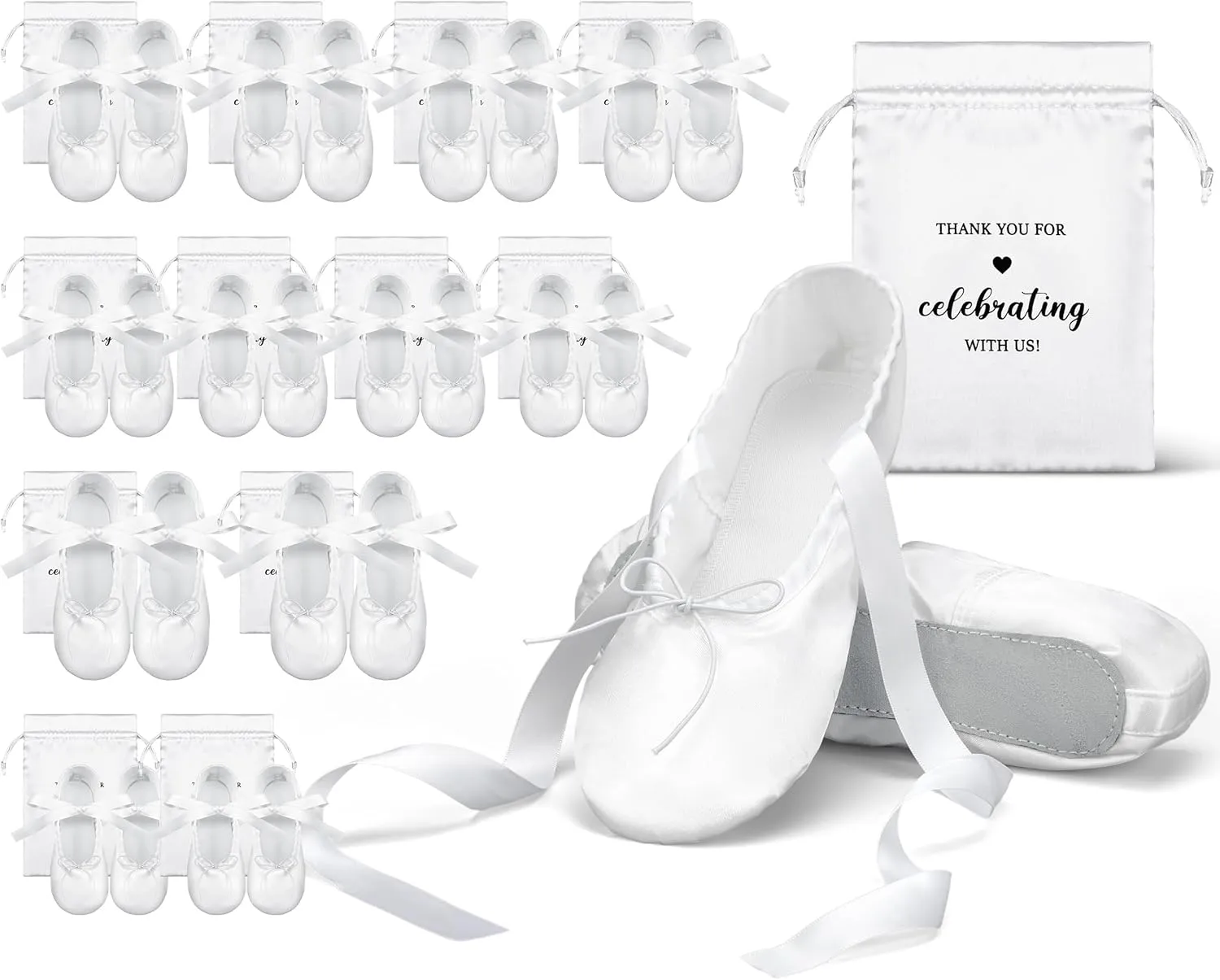 Cuffbow 12 Pairs Wedding Satin Slippers Bulk Foldable Ballet Flats Portable Dancing Shoes Bridal Favor for Guests Bridesmaids White