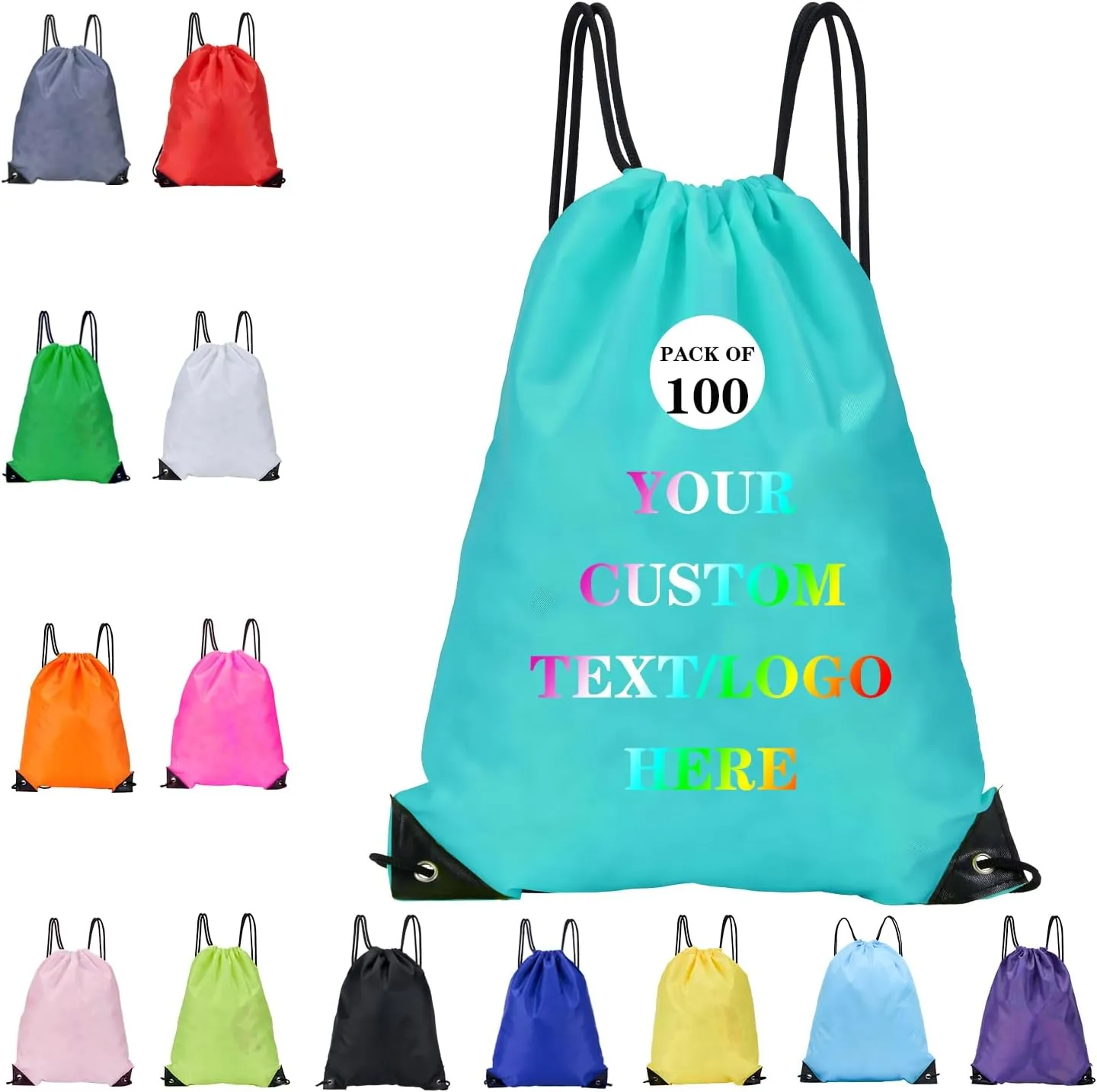 Custom Bags With Your Logo Set of 100 Custom Backpack Draw String Bags Pack Bulk for Travelling Swimming Gym Everyday Use (Blue 2)