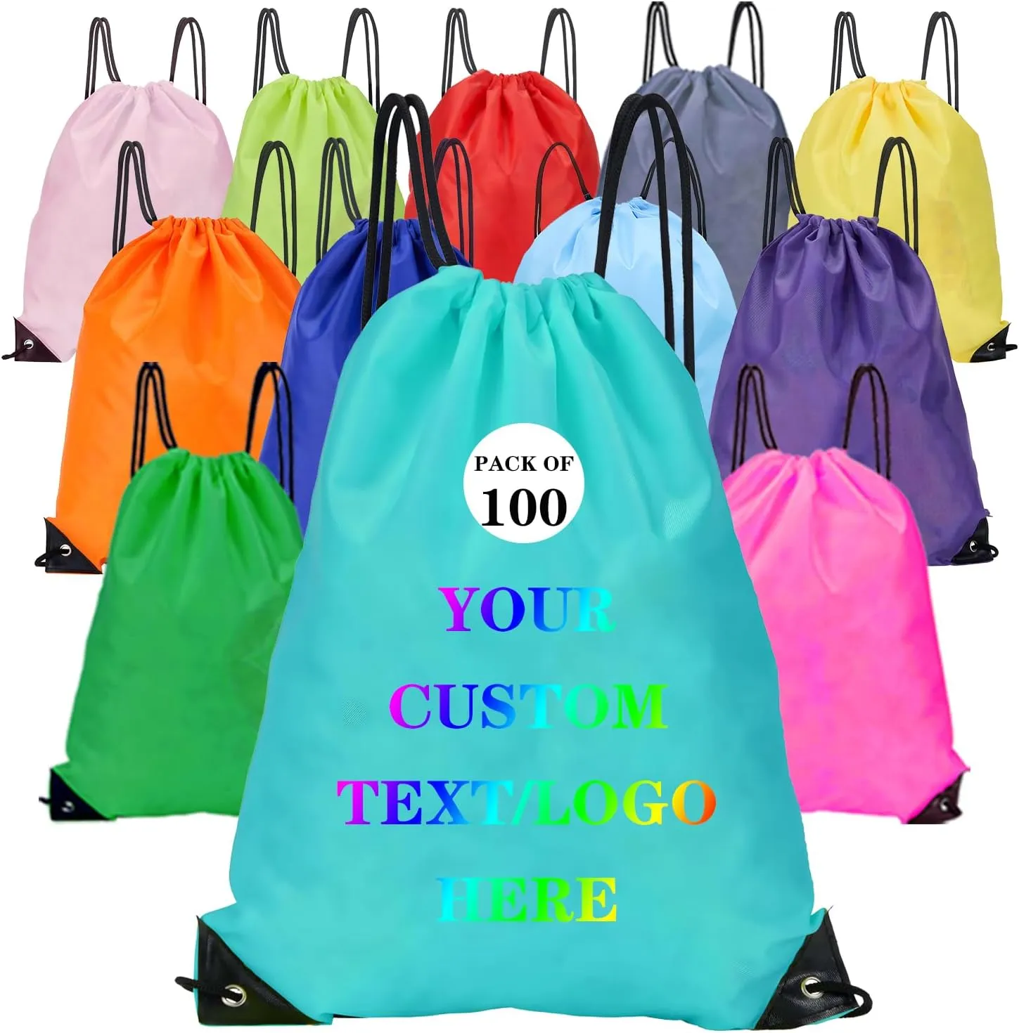 Custom Bags With Your Logo Set of 100 Custom Backpack Draw String Bags Pack Bulk for Travelling Swimming Gym Everyday Use (Blue 2)