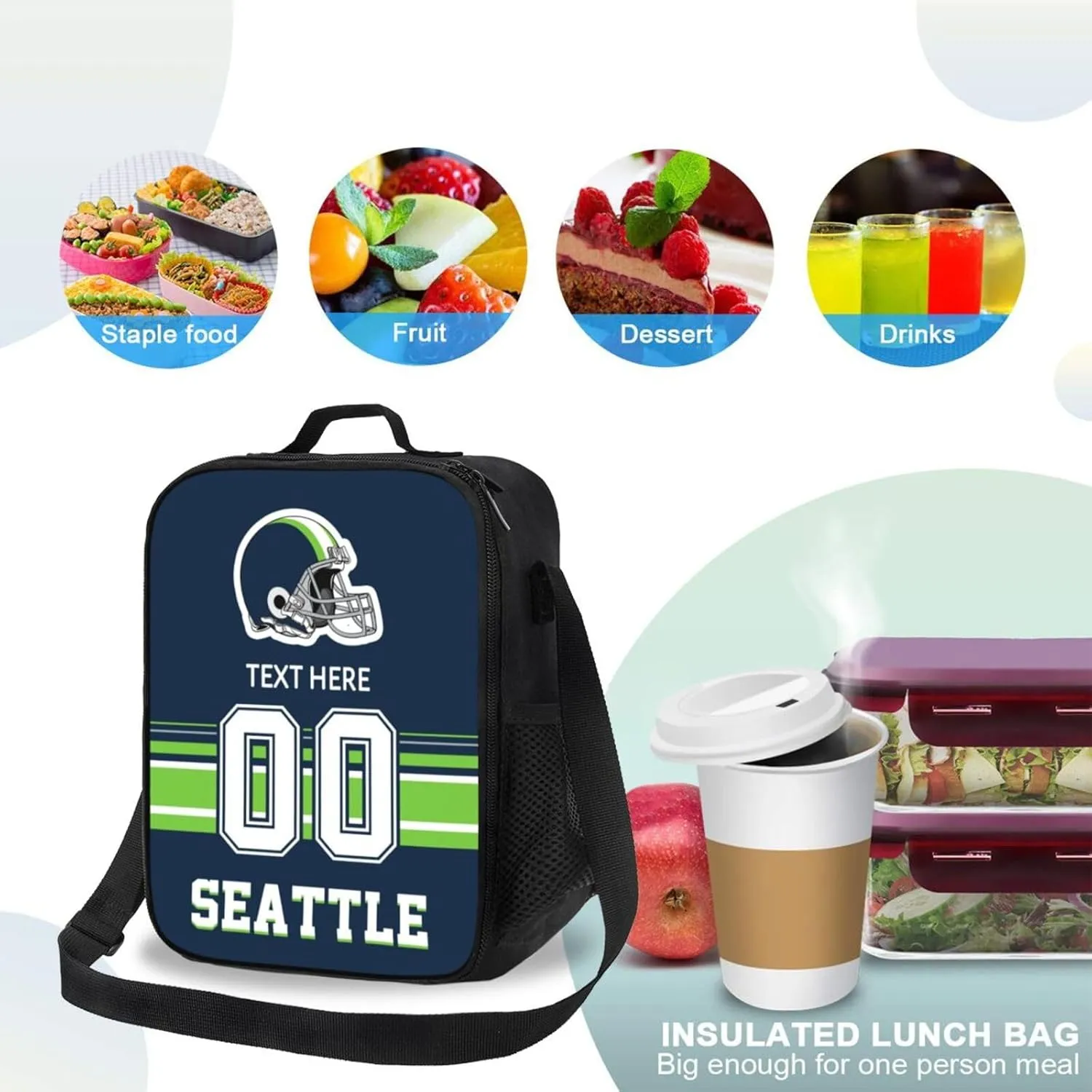 Custom Seattle Lunch Bag Gifts For Men Women Fans, Personalized Name And Number Lunch Box Adjustable Shoulder Straps Insulated Lunch Bags For Work Picnic Travel