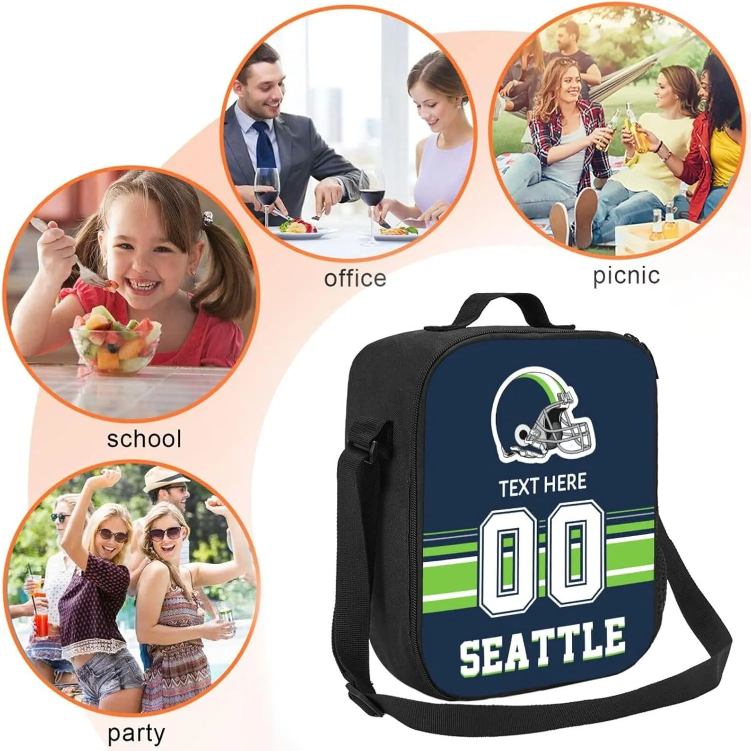 Custom Seattle Lunch Bag Gifts For Men Women Fans, Personalized Name And Number Lunch Box Adjustable Shoulder Straps Insulated Lunch Bags For Work Picnic Travel