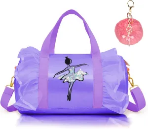 Cute Ballet Dance Bag Kids Tutu Dress Bag Girls Dance Bag Polyester Personalized Waterproof Gym Bag with Key Chain Cute Plush Hanging Pink ball(Purple2)