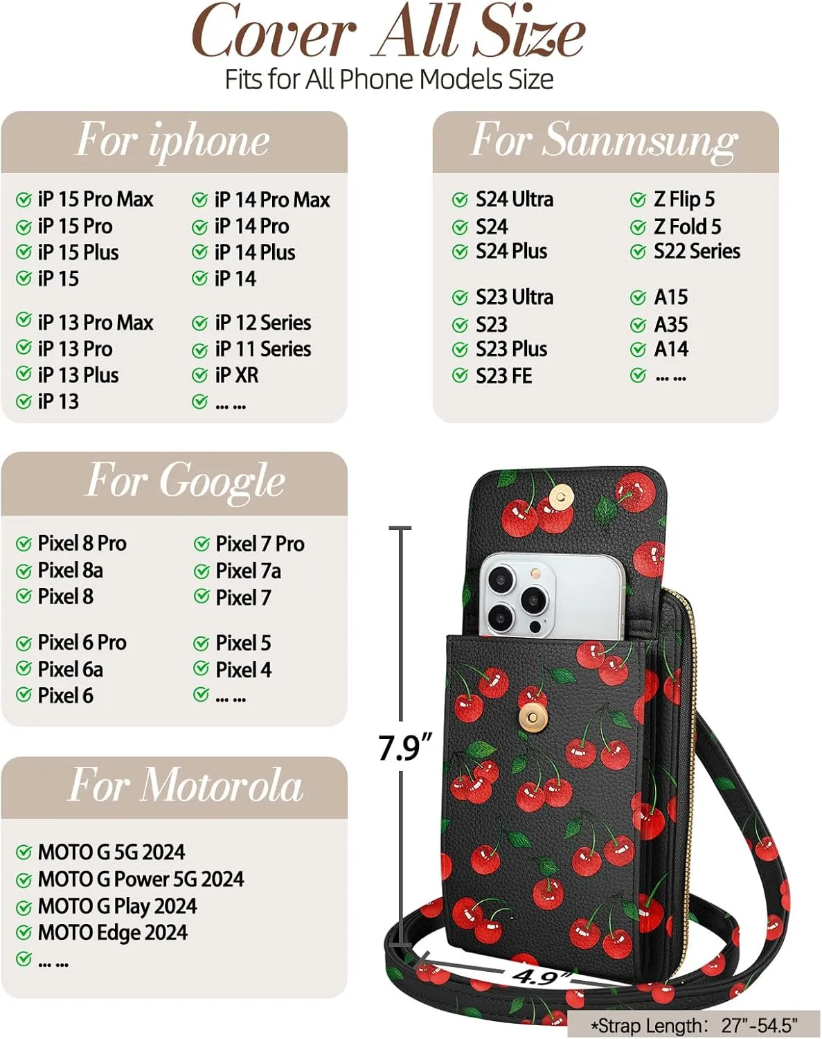 Cute Crossbody Purse Cell Phone Bags for Women - Leather Cellphone Wallet Purse with Adjustable Shoulder Rope
