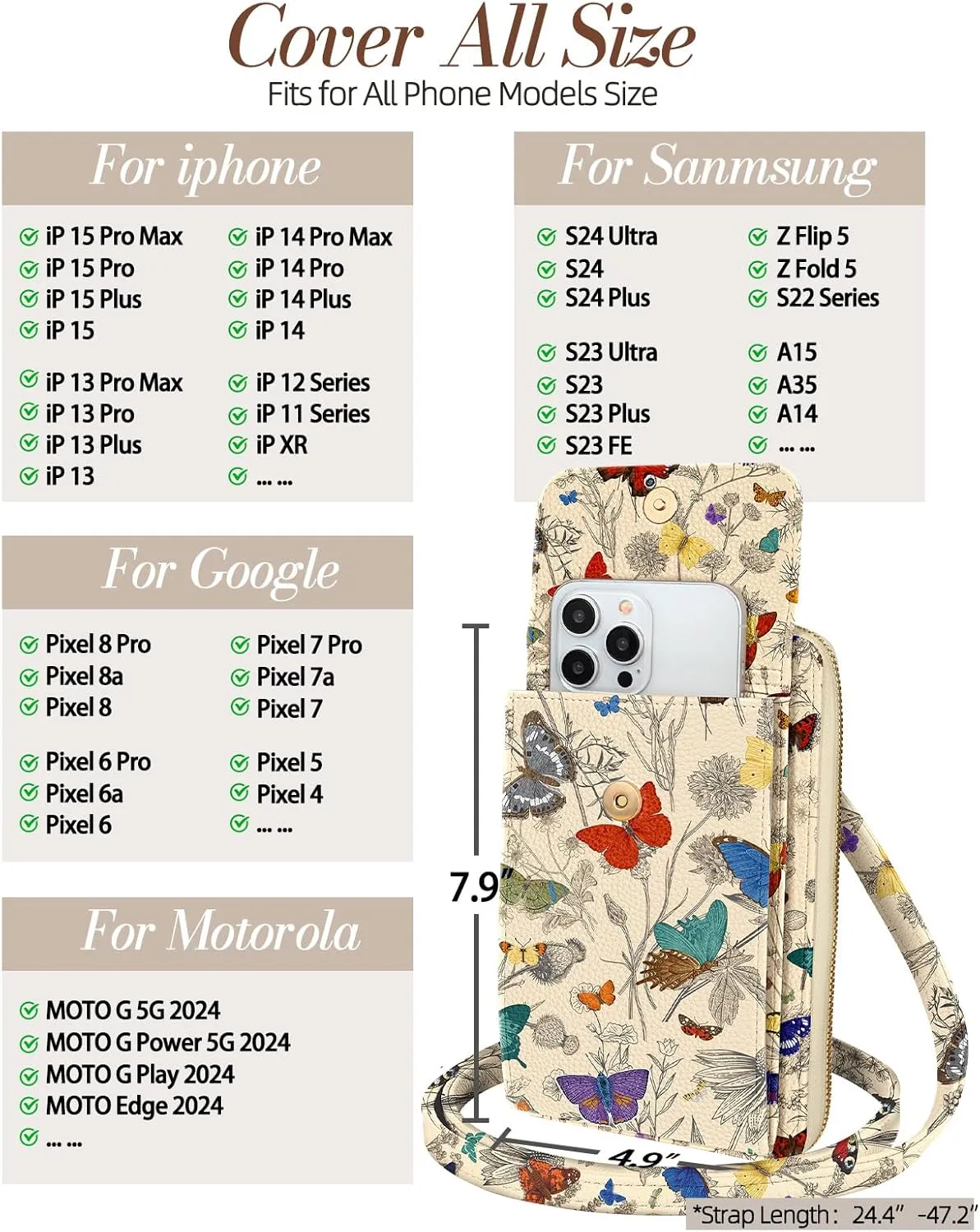 Cute Crossbody Purse Cell Phone Bags for Women - Leather Cellphone Wallet Purse with Handle Rope and Adjustable Shoulder Rope