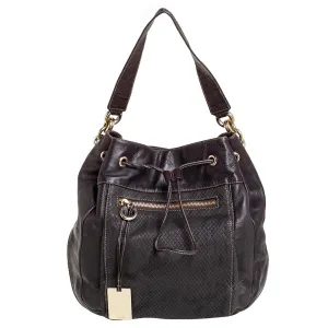 Dark Brown Leather Drawstring Hobo