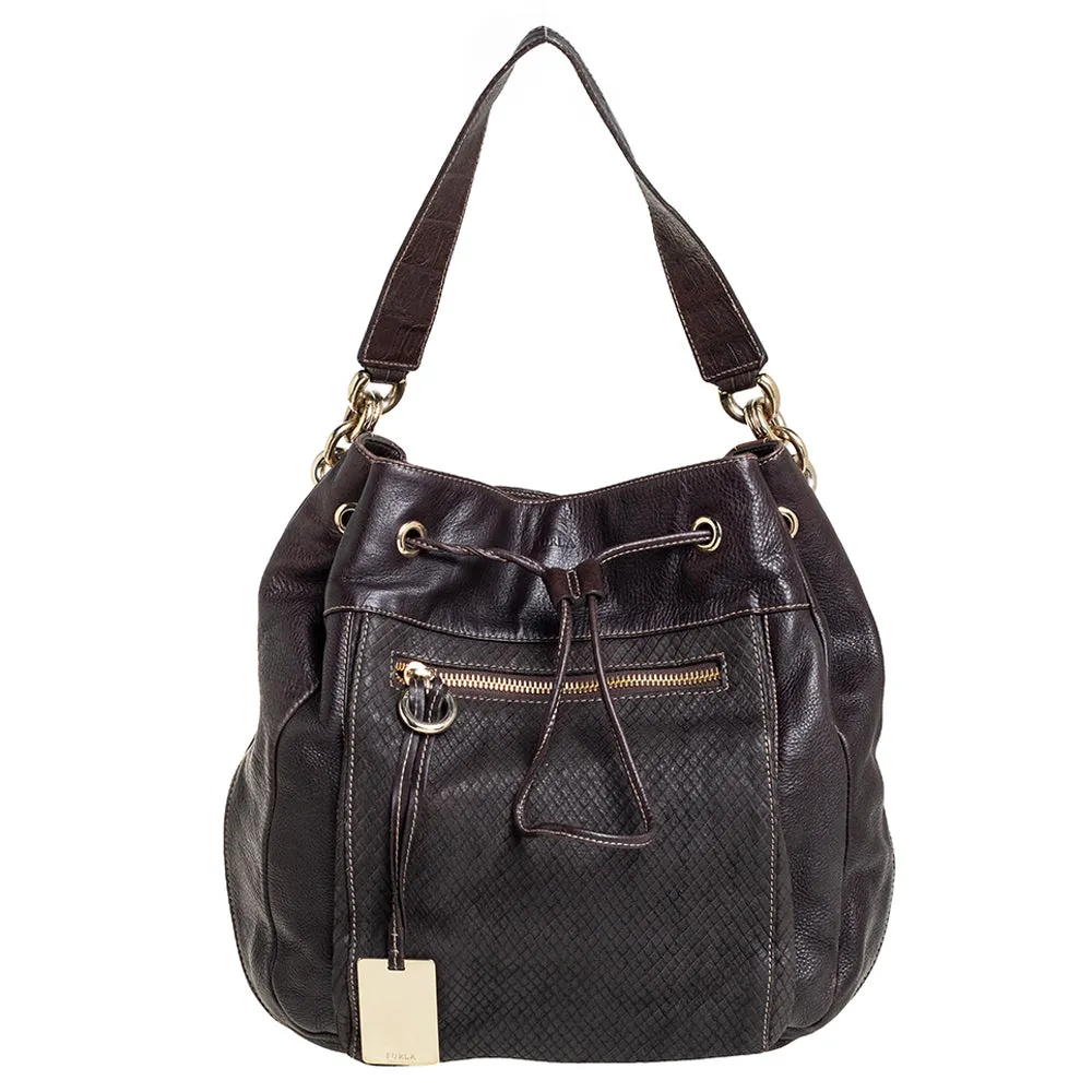Dark Brown Leather Drawstring Hobo