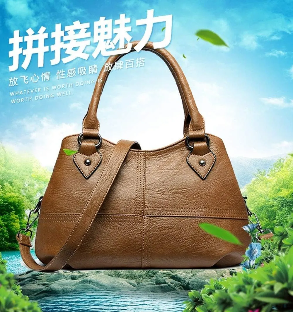 Dayfine Women's Soft Leather Stitching Three-layer Middle-aged Mother Shoulder Bag Oblique Satchel