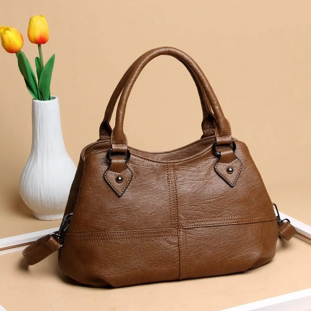Dayfine Women's Soft Leather Stitching Three-layer Middle-aged Mother Shoulder Bag Oblique Satchel