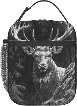 Deer Forest Lunch Bag, Polyester Tote Bags with Vintage Monochrome Wildlife, Insulated Lunchbox, Portable Lunchbag Decor Gifts for Work, Picnic, School, Travel, Hiking, Beach or Fishing