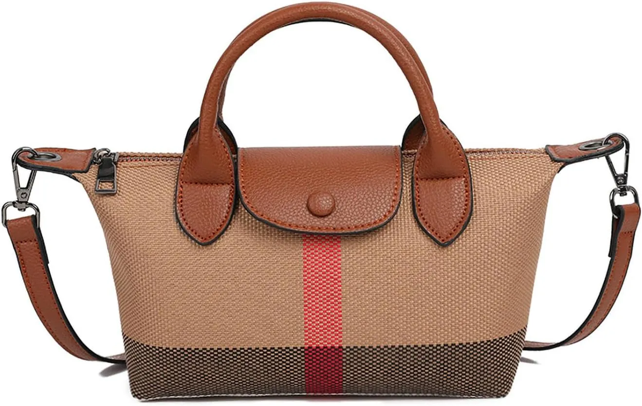 Deluxe Small Size Women's Check Tote Leather and Canvas Contrast Top Handle Mini Waist Bag Everyday Crossbody Bag