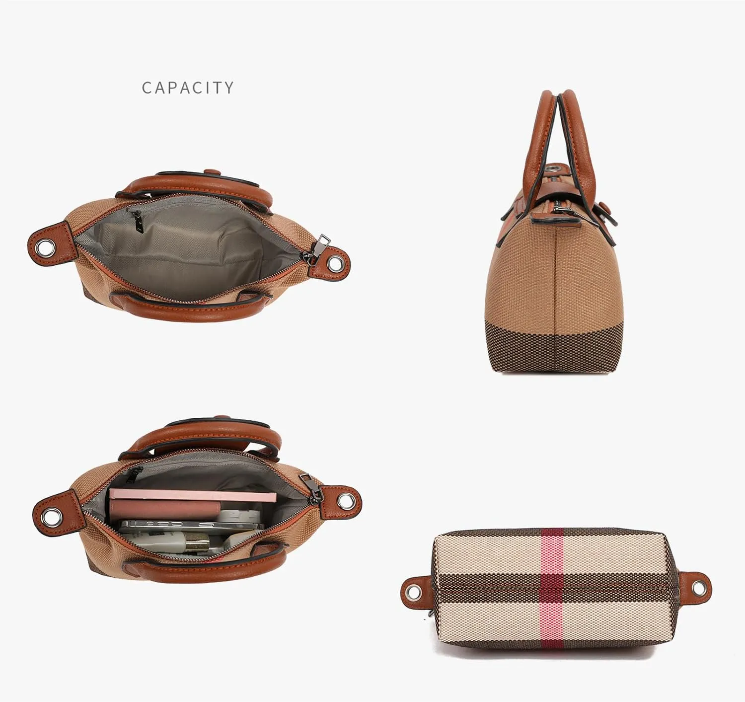 Deluxe Small Size Women's Check Tote Leather and Canvas Contrast Top Handle Mini Waist Bag Everyday Crossbody Bag